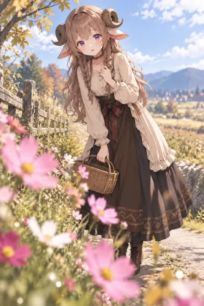 羊の少女と花畑の散歩