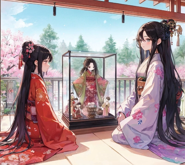 人形と和服姉妹