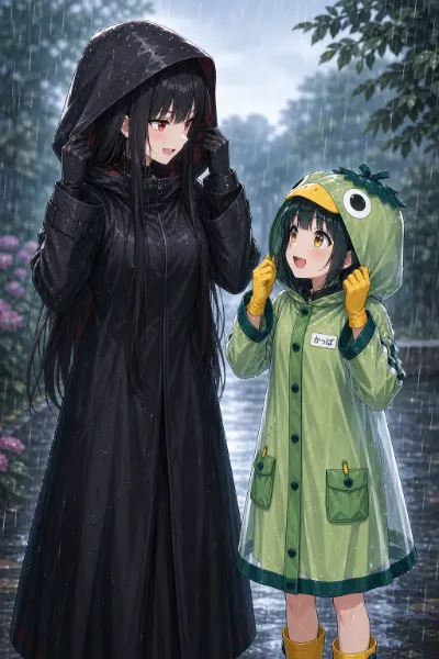 「私たち合羽があるから、雨あっても心配ないね」