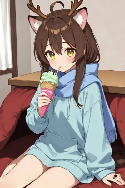 おやつにチョコミントを食べてくつろぐ仕事前夜のそりを引くトナカイ系女子