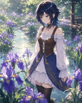 花菖蒲の小川で微笑む