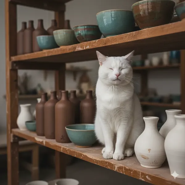 陶器の森でくつろぐ白猫の午後