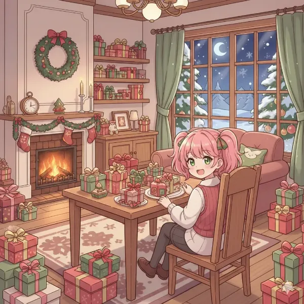 雪夜の贈り物に囲まれた少女の喜び