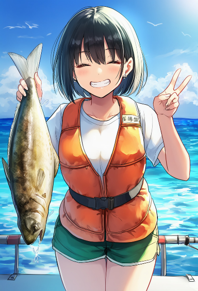 大漁の喜び！海の釣り少女の瞬間