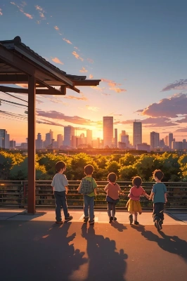 夕日と子供