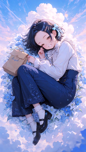 青い花に囲まれた少女