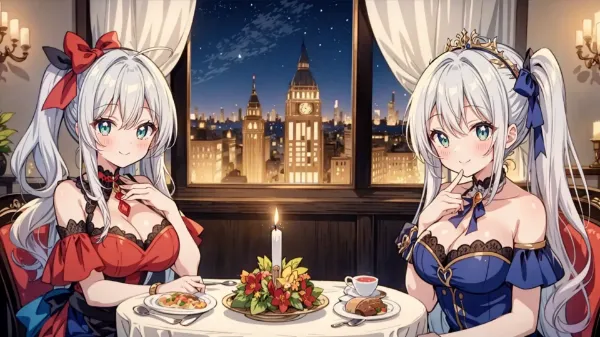 双子の姉妹、夜のロンドンで秘密の晩餐