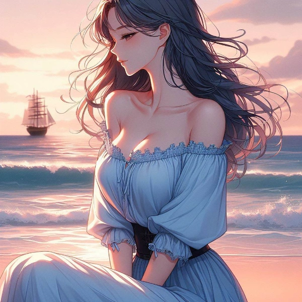 夕暮れの海辺と鎖骨