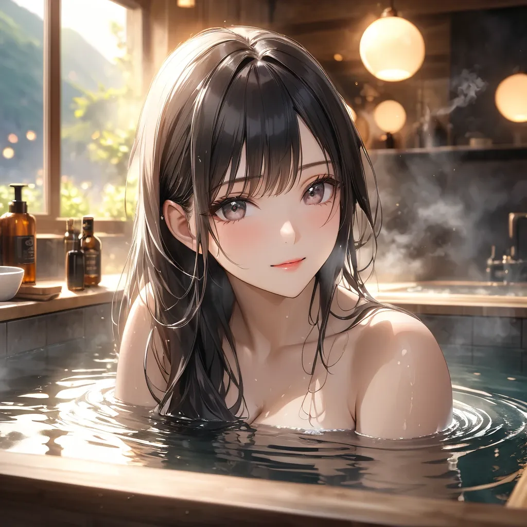 朝光に輝く湯浴びの黒髪 - 飛瑳・和風AIイラストの作品 - Aipictors