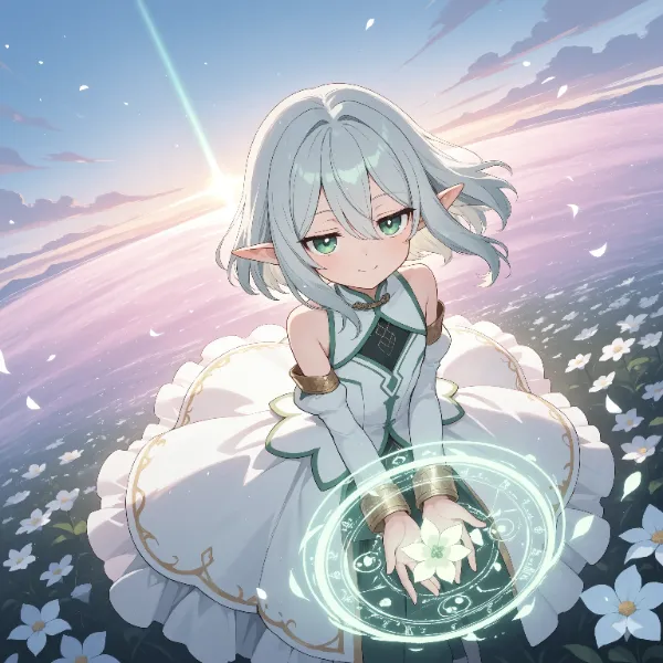 エルフとパステルカラーの花畑