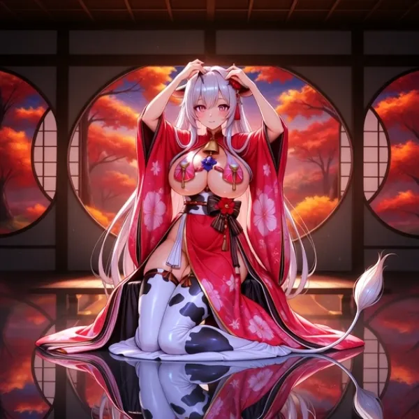 髪飾りをつける牛柄さん