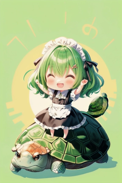 亀に乗ってはしゃぐメイドちゃん