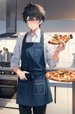 ピザを作ったエプロン男子