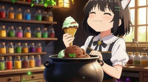 オタマでチョコミントをすくうとコーンに変化するという画期的な魔法を開発したがアイスが思ったより凍ってて硬かった少女