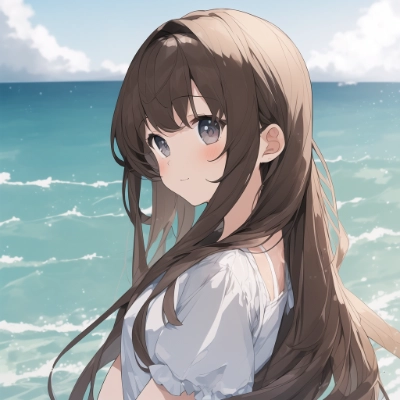 海辺、白ワンピ美少女