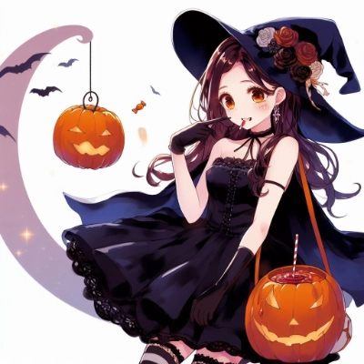 Halloween and anime-style illustration of a beautiful girl