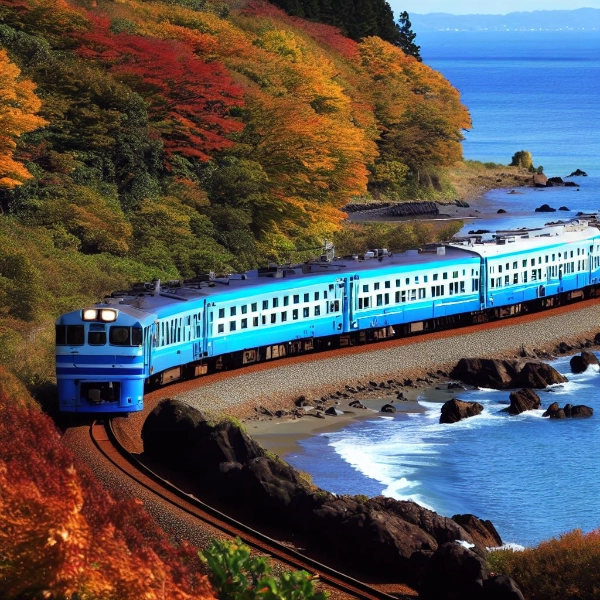 秋の海岸を走るブルーの列車