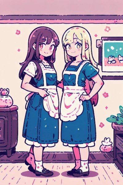 リビングで家事に勤しむ仲良し姉妹