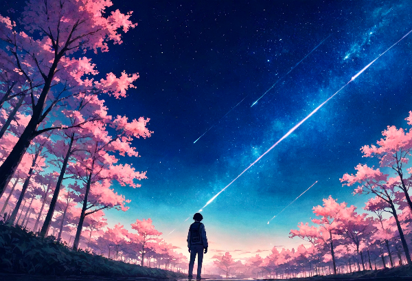 夜桜と流れ星