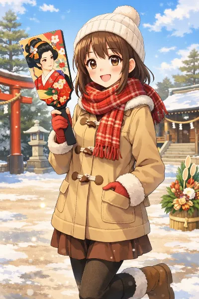雪の神社で願いを託す少女