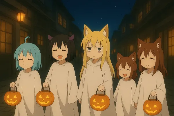 夜更かし想定内でお菓子をもらうリハーサルをする多種族