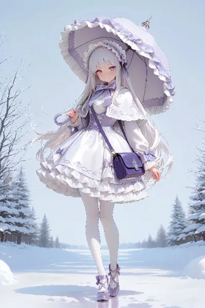 雪の中の紫の少女
