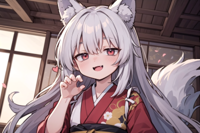 狼耳　着物　室内