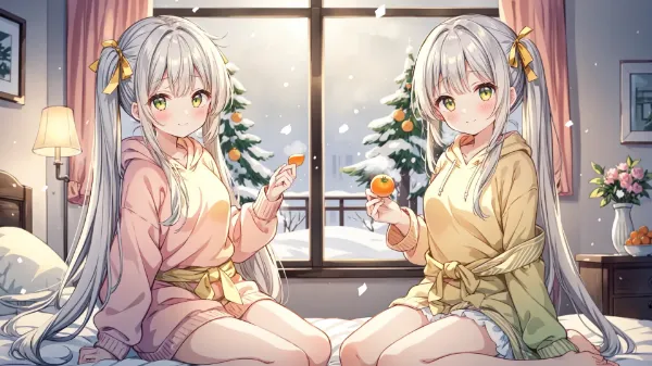 雪の夜にみかんを分け合う双子の絆