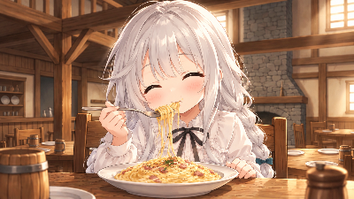 パスタを食べる少女