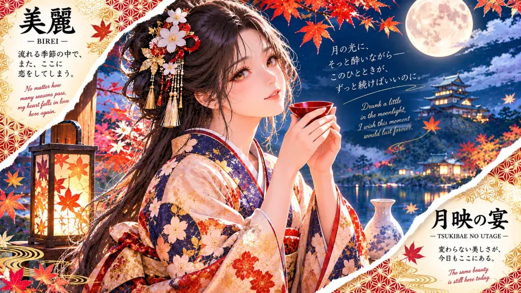 月映る紅葉の宴で君を想う