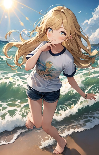 波と戯れる金色の髪の少女