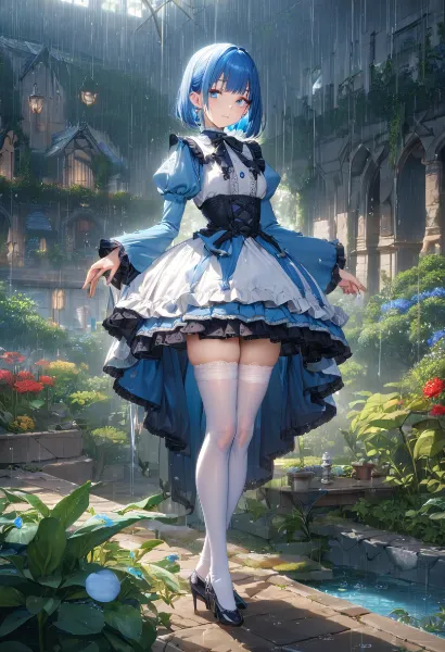 雨の廃墟庭園に佇む青いメイド