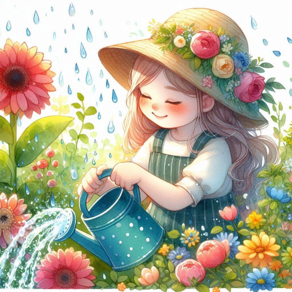 花に水をかけている女の子