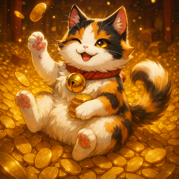 黄金の雨に踊る幸運の三毛猫