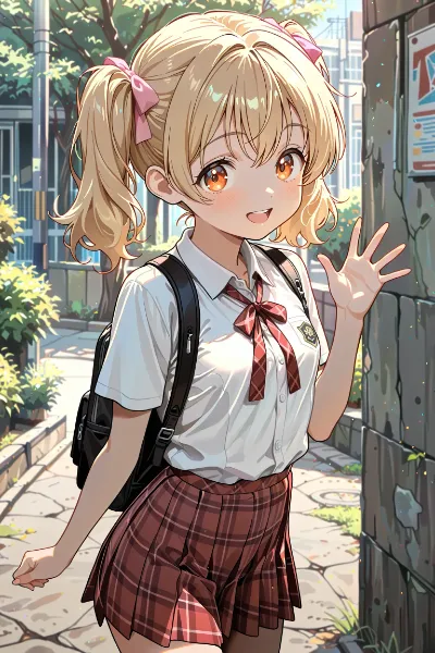 笑顔で手を振るピンクのリボンの少女
