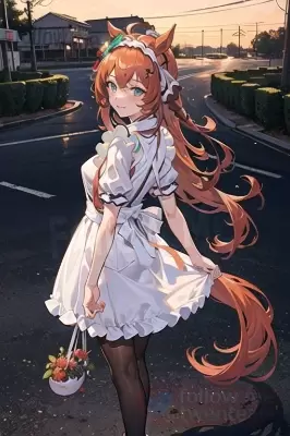 夕日の道路を歩くメイドのサイレンススズカ