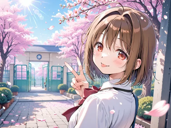 桜舞う校門の微笑み