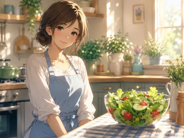 朝の光に包まれるサラダ作り