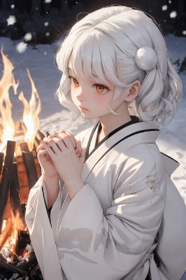 焚火の光と少女