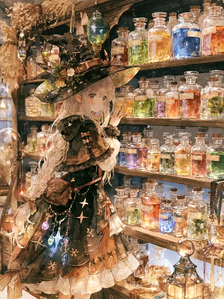 輝く魔法薬棚を眺める星の魔女。