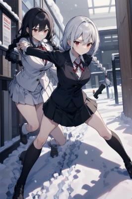 白髪「今から私も雪合戦しにいくの！！」黒髪「ばっかじゃねぇの」