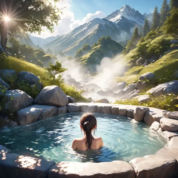 山間の秘湯に浸る少女