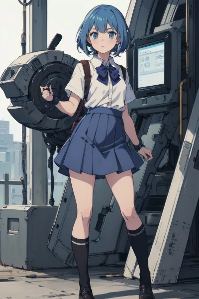 機械を扱う青髪の女子