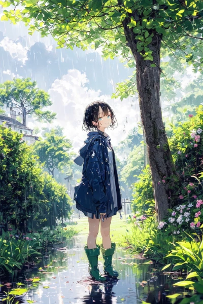 緑と雨×女の子