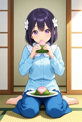 桜餅を食べるひまり