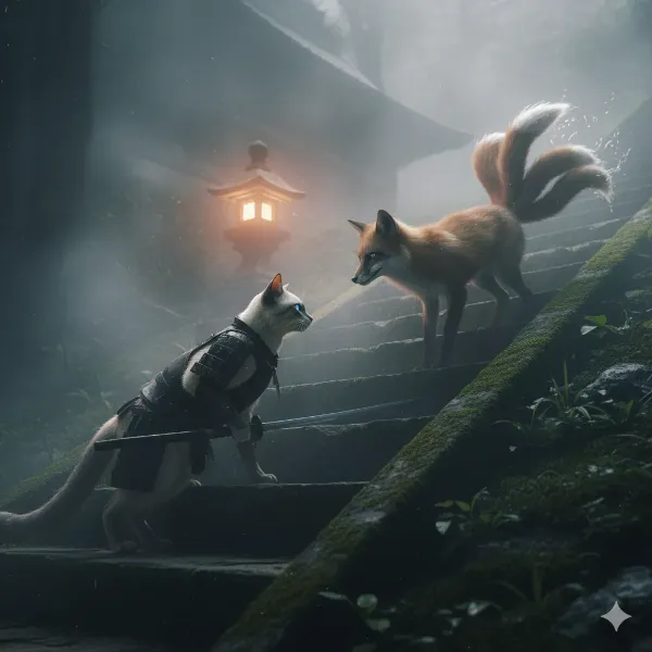 霧深い山寺で対峙する猫侍と狐