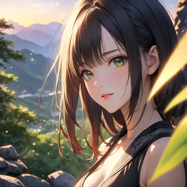 夕陽に輝く黒髪の少女