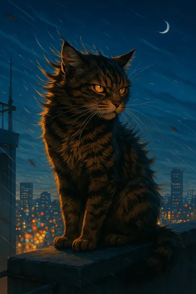 雨夜の街を睨む野良猫の決意
