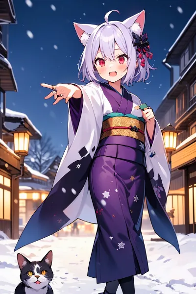 晴れ着をきた猫耳少女