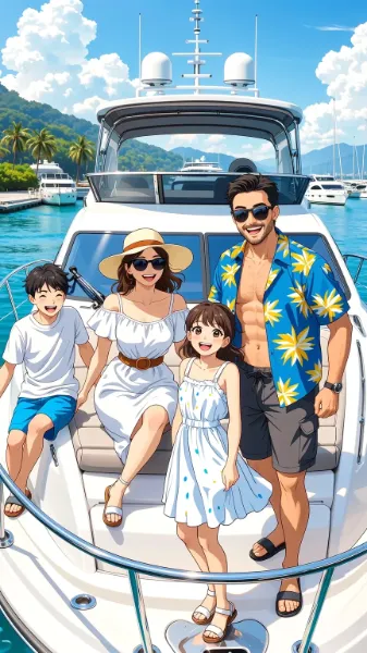 クルーザーで記念撮影する家族(クルージングの日,9月6日 記念日）